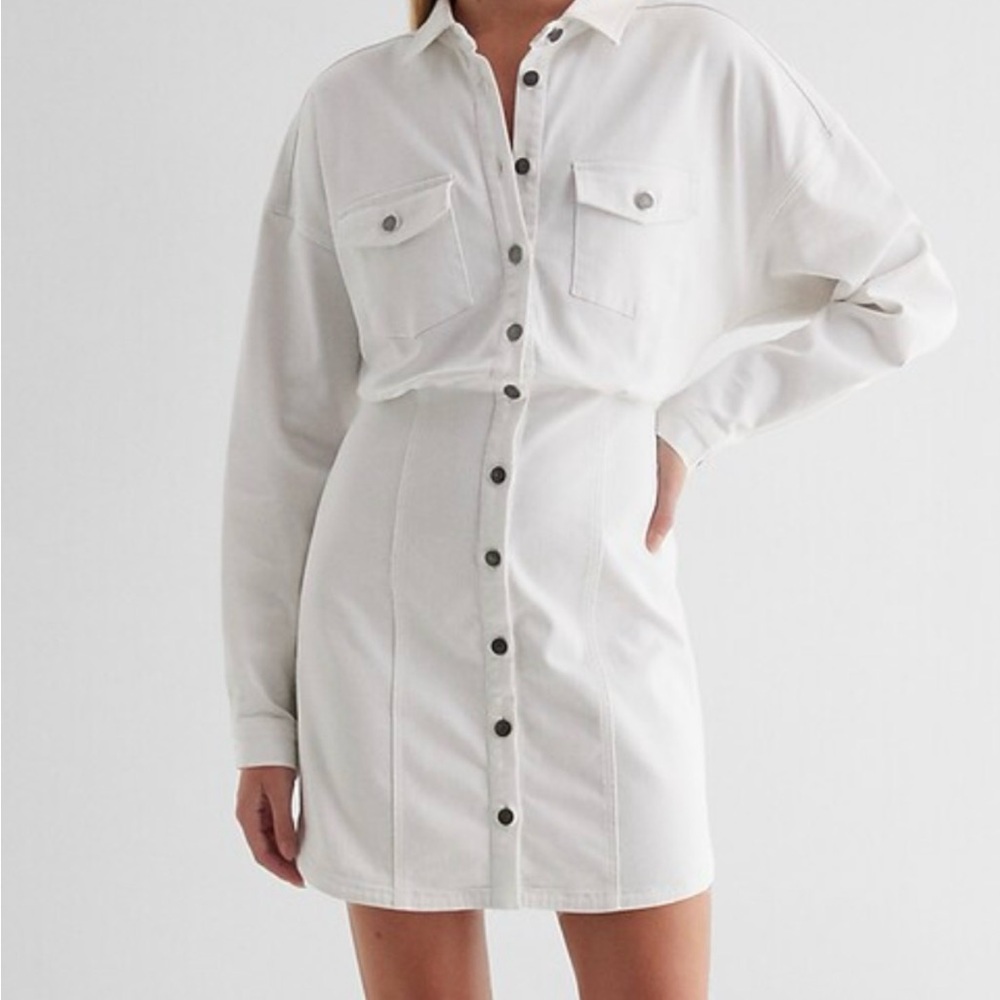 Express White Long Sleeve Button-Down Dress